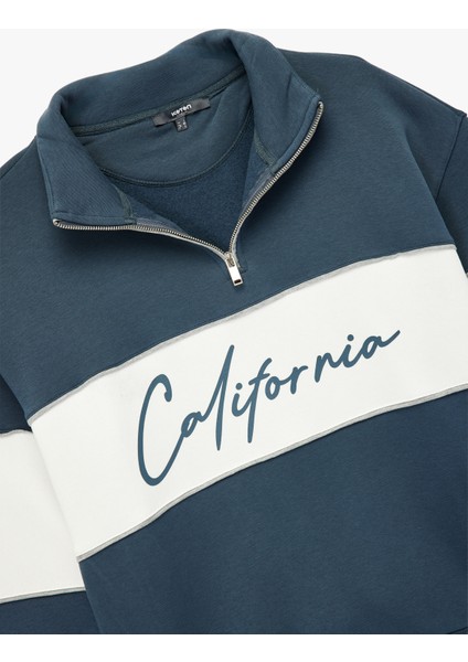 Oversize Şardonlu Renk Bloklu Kolej Baskılı Yarım Fermuarlı Sweatshirt modelleri