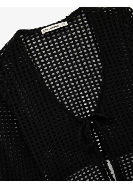 V Yaka Uzun Kollu Önden Bağlamalı Ajurlu Hırka modelleri