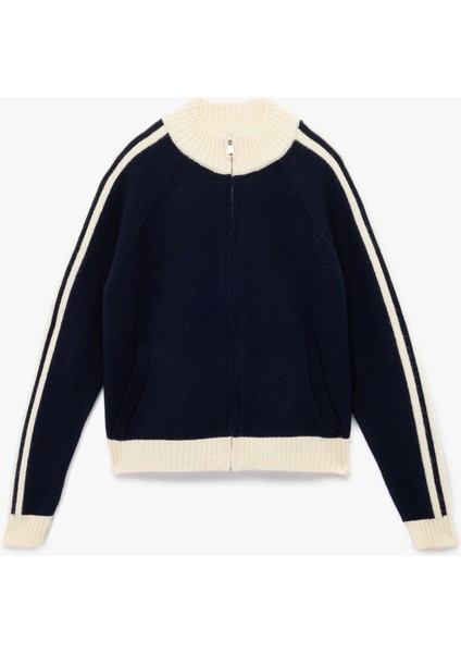 Fermuarlı Uzun Kollu Dik Yaka Çizgili Triko Hırka modelleri