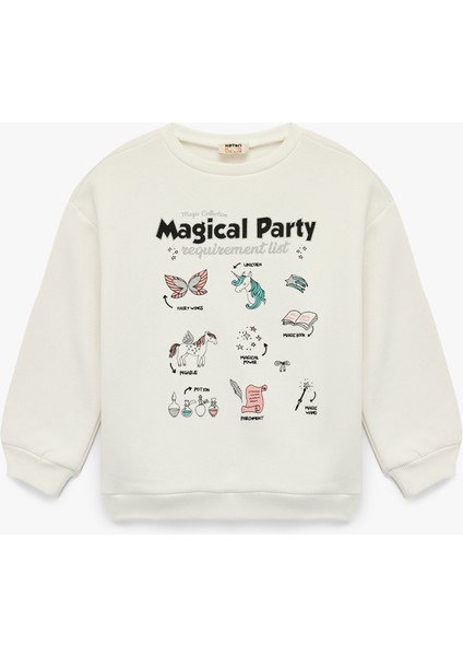 Şardonlu Uzun Kollu Bisiklet Yaka Baskılı Sweatshirt