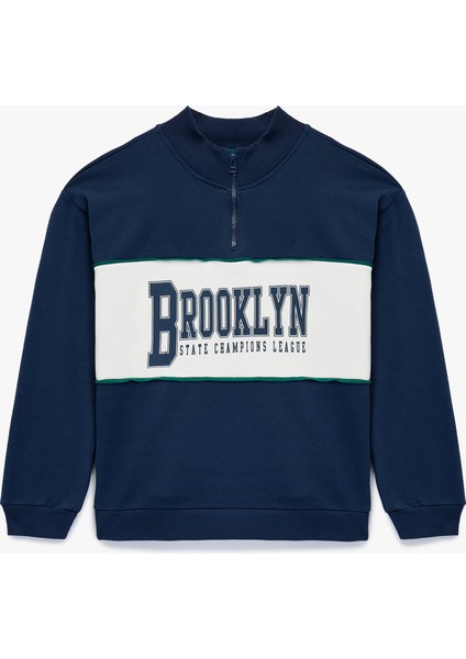 Şardonlu Baskılı Uzun Kollu Fermuar Detaylı Dik Yaka Oversize Sweatshirt