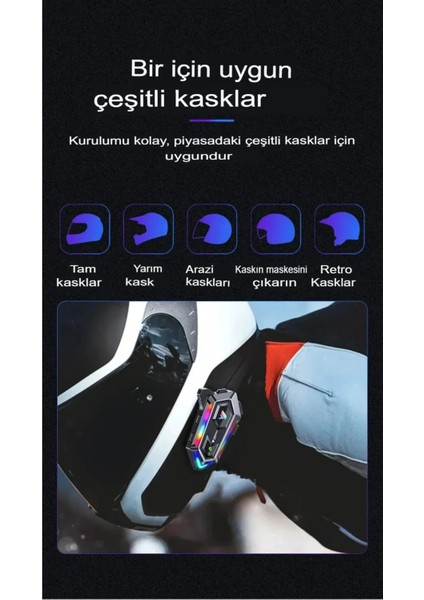 Kask Interkom Rgb Işıklı Çift Bağlantı Siri Bluetooth Mikrofon Kulaklık Stereo Motorsiklet
