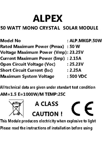 50 Watt Monokristal Güneş Paneli fiyatları