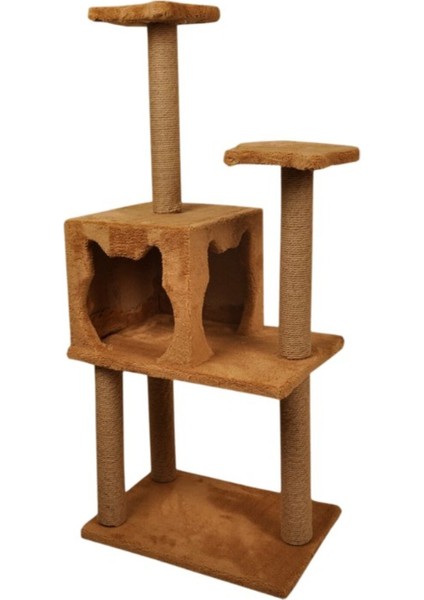 Üç Katlı Yuvalı Lüx Kedi Tırmalama Platformu ve Kedi Oyun Evi Kahverengi 118 cm modelleri