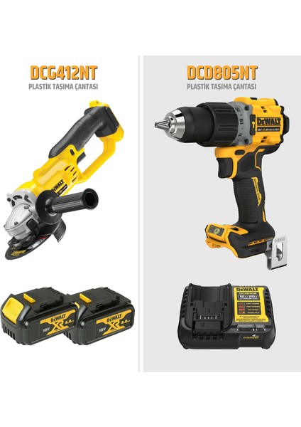 DCD805NT 18V Darbeli Matkap + DCG412NT 18V Taşlama + 2 Akülü Ikili Set
