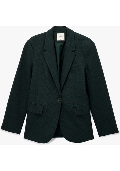 Düğmeli Cep Detaylı Uzun Kollu V Yaka Ekoseli Blazer Ceket