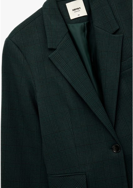 Düğmeli Cep Detaylı Uzun Kollu V Yaka Ekoseli Blazer Ceket modelleri