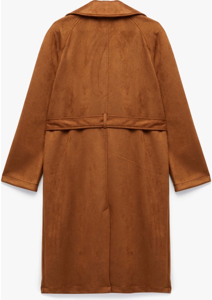 Cepli Kruvaze Yaka Kemerli Uzun Suni Süet Trençkot fırsatları