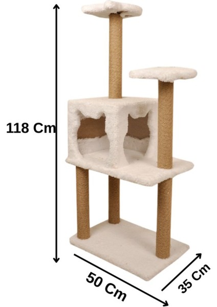 Üç Katlı Yuvalı Lüx Kedi Tırmalama Platformu ve Kedi Oyun Evi Beyaz 118 cm