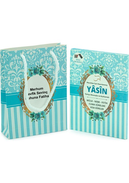 10 Adet Hediyelik Mevlüt Seti Isme Özel Etiketli Çantalı 80 Sayfa Yasin Kitabı - Mavi