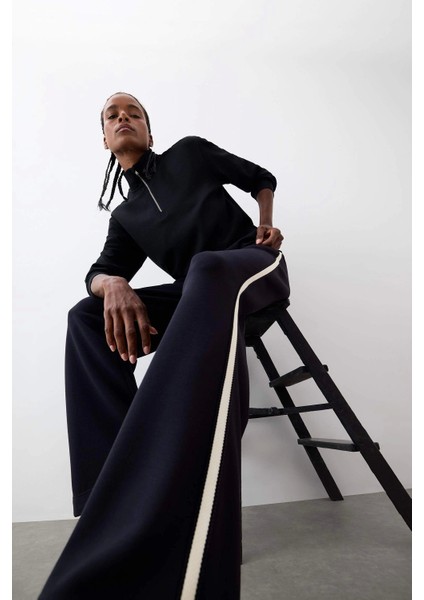 D1458 Siyah Defactofit Wide Leg Geniş Paça Cepli Standart Boy Modal Soft Touch Pantolon