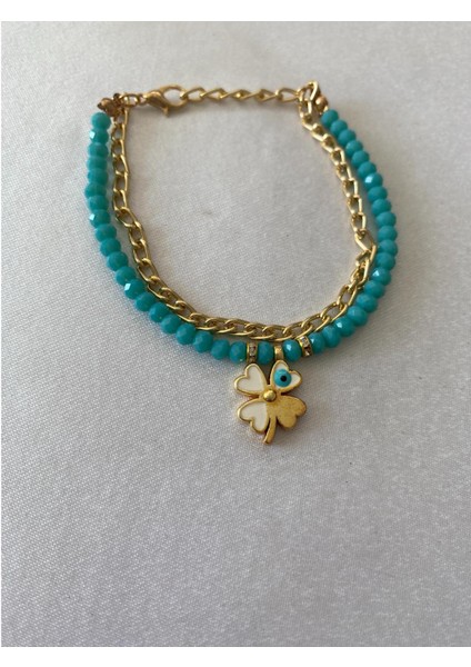 Yonca Yapraklı Bileklik Turkuaz Altın Renk