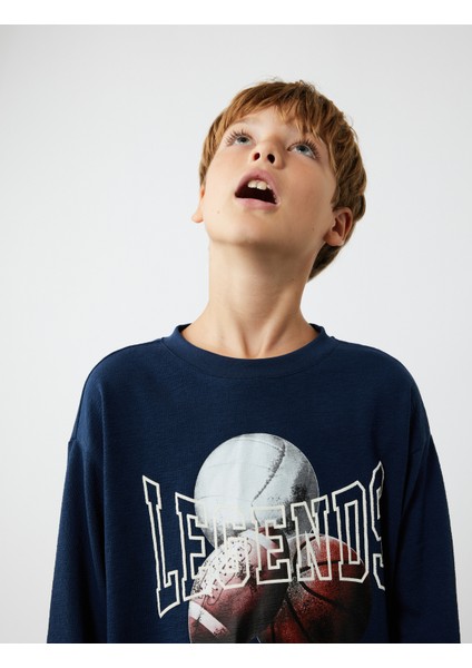 Baskılı Pamuklu Bisiklet Yaka Uzun Kollu Tişört