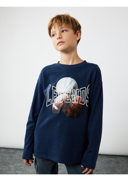 Baskılı Pamuklu Bisiklet Yaka Uzun Kollu Tişört fiyatları