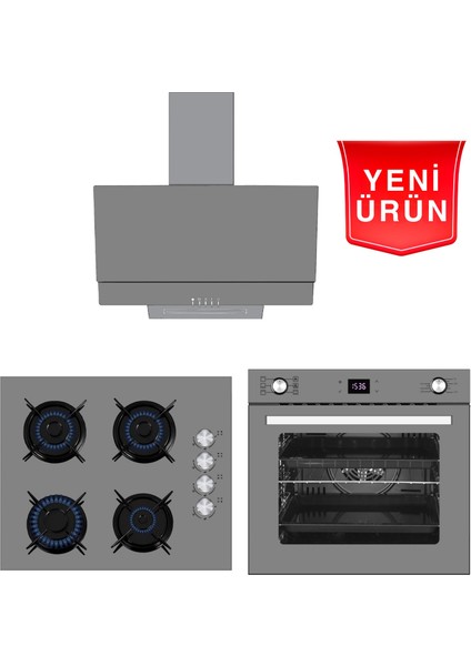 Greyzi Antrasit - Gri 6+1 Turbolu Cam Ankastre Set / 450M3 Yüksek Çekim Performans