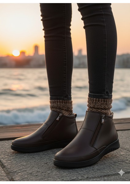 Feniks Hakiki Deri Çift Fermuarlı Kadın Bot