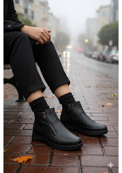 Feniks Hakiki Deri Çift Fermuarlı Kadın Bot indirimleri