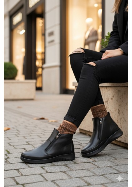 Feniks Hakiki Deri Çift Fermuarlı Kadın Bot