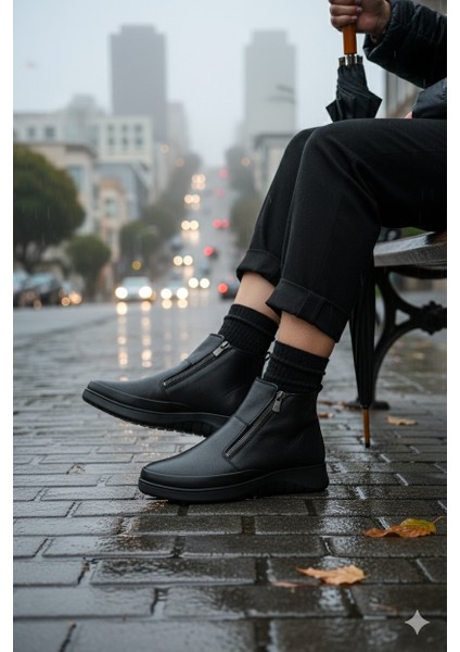 Feniks Hakiki Deri Çift Fermuarlı Kadın Bot