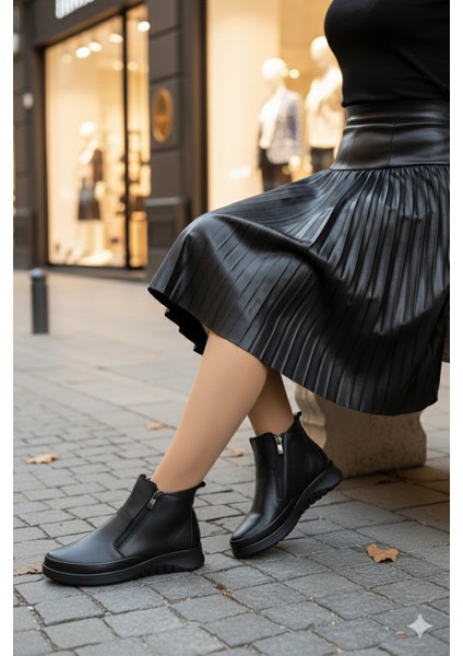 Feniks Hakiki Deri Çift Fermuarlı Kadın Bot