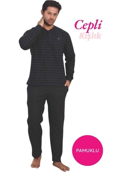 Erkek 3 Düğme Çizgili Kışlık Pamuklu Selanik Kumaş Uzun Manşetli Kol Cepli Pijama Takımı