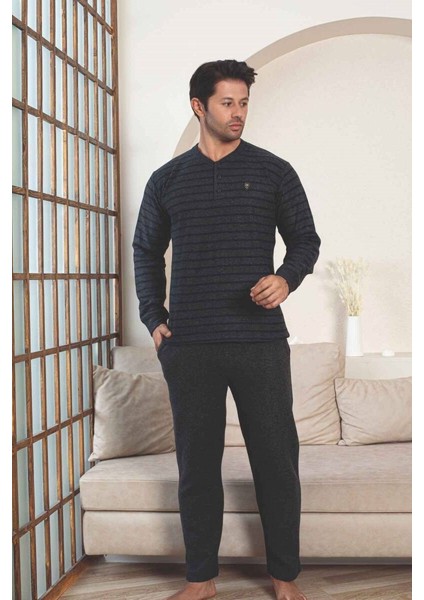 Erkek 3 Düğme Çizgili Kışlık Pamuklu Selanik Kumaş Uzun Manşetli Kol Cepli Pijama Takımı indirimleri