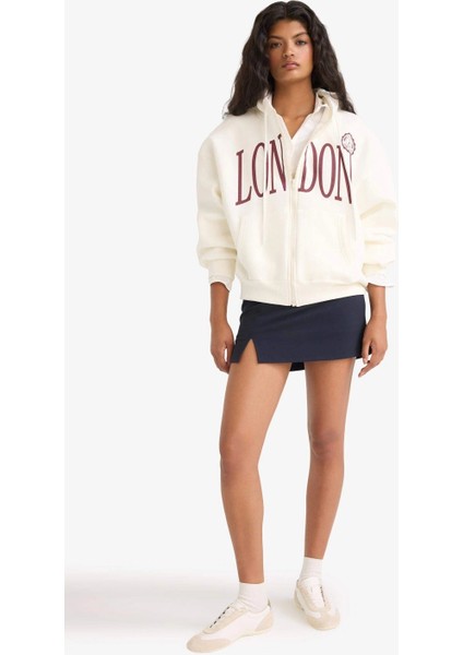 F9178 Ekru Oversize Geniş Kalıp Kapüşonlu Baskılı Fermuarlı Sweatshirt fiyatları