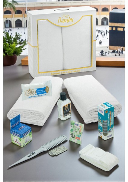 Lüks Bambu Hac Umre Ihram Seti - Ihram Takımı, Kemer, Saç Kesim Aparatı, Priz Dönüştürücü, Mendil ve Şampuan