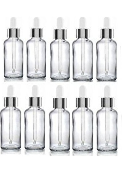 30 cc Cam Damlalıklı Şeffaf Şişe [30 CC=30ML x 10 Adet] / Ecza Şişesi / Dropper Şişe Gümüş Renk Kapk