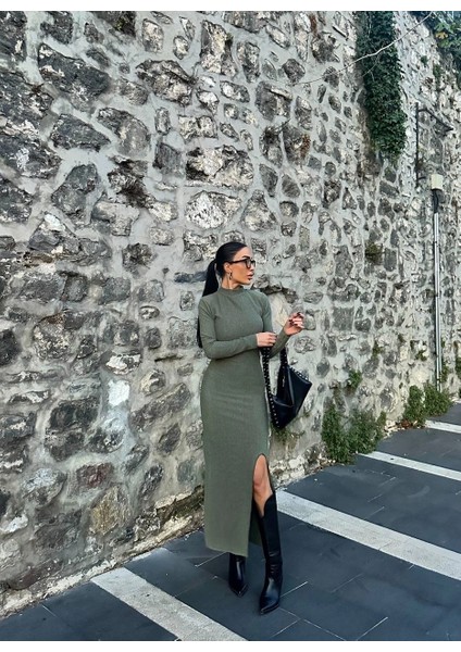 Yırtmaçlı Kalın Bürümcük Uzun Elbise Yeşil fırsatları