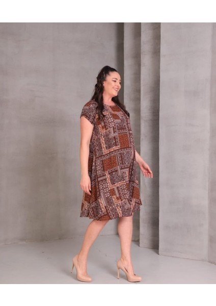 Kadın Büyük Beden Yuvarlak Yaka Etnik Desen Pamuk Elbise