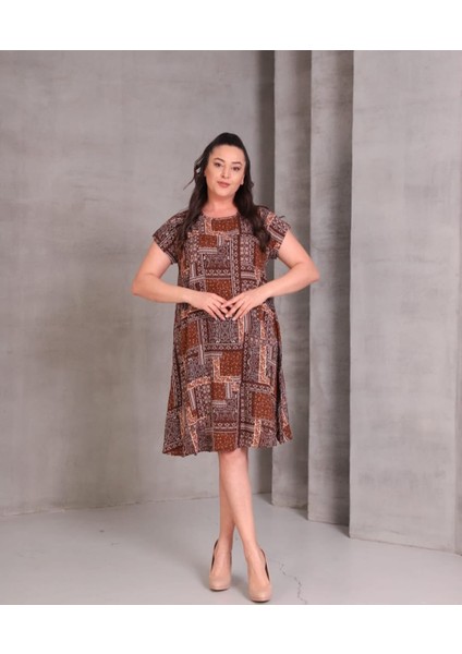 Kadın Büyük Beden Yuvarlak Yaka Etnik Desen Pamuk Elbise fiyatları