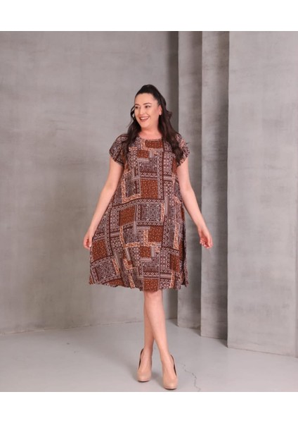 Kadın Büyük Beden Yuvarlak Yaka Etnik Desen Pamuk Elbise modelleri
