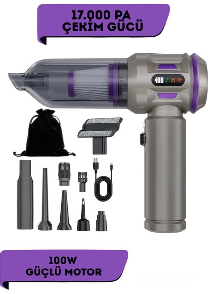 Auhma Ahv-20 Kablosuz Araç Içi Süpürge 17000PA Güçlü Vakum Dijital Göstergeli 100W Fırçasız Motor Üfleme Vakum Özellikli