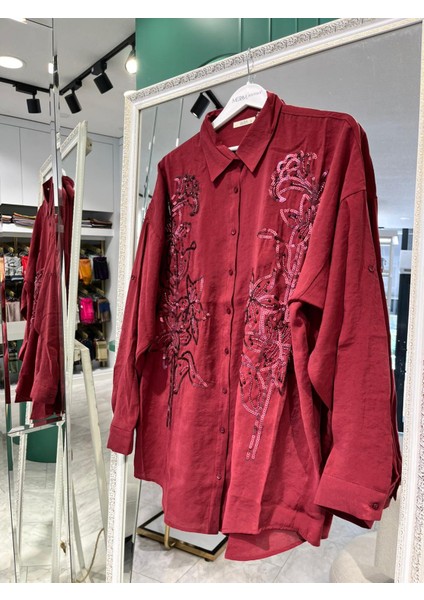 Adn Işlemeli Gömlek Keten Karışımlı - Bordo - 2