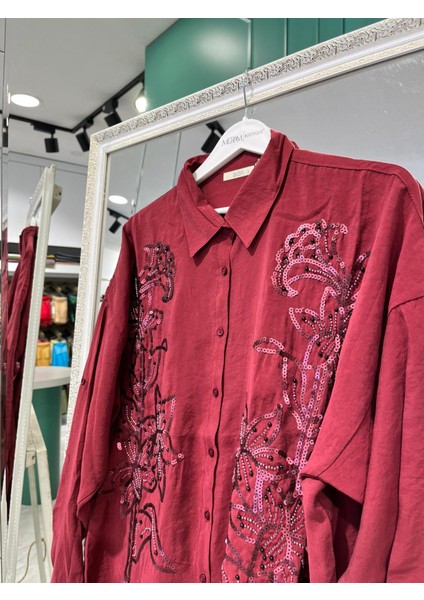 Adn Işlemeli Gömlek Keten Karışımlı - Bordo - 2 fiyatları