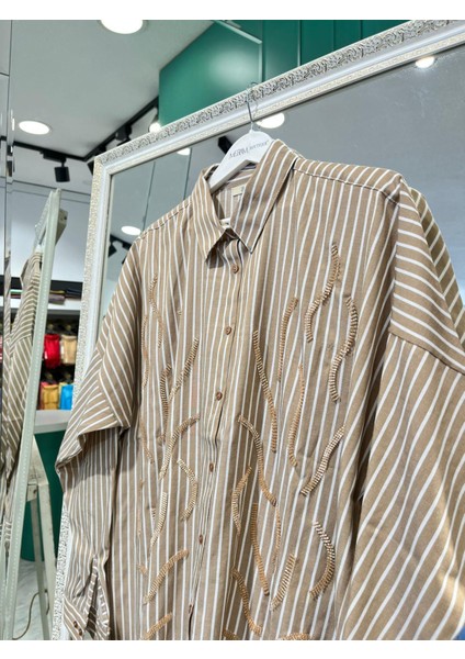 Adn Çizgili Poplin Gömlek - Camel - 1