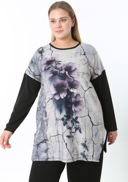 Yünlü Viskon Desenli Likralı Kadın Büyük Beden Tunik