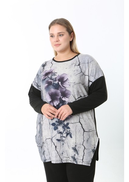 Yünlü Viskon Desenli Likralı Kadın Büyük Beden Tunik fırsatları