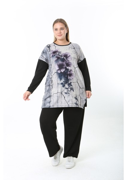 Yünlü Viskon Desenli Likralı Kadın Büyük Beden Tunik