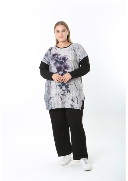 Yünlü Viskon Desenli Likralı Kadın Büyük Beden Tunik