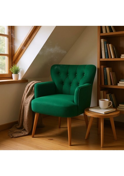 Roma Berjer Modern Tekli Koltuk -Babyface Kumaş - Ahşap Demonte Ayak - Yeşil Renk