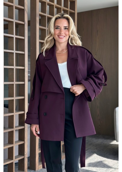 Mürdüm Oversize Düşük Omuz Kısa Trenç - 9580