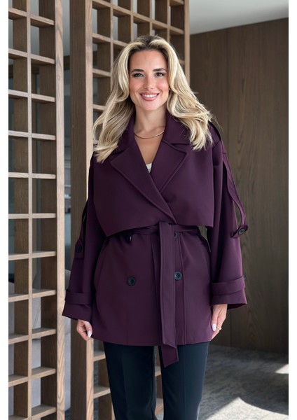 Mürdüm Oversize Düşük Omuz Kısa Trenç - 9580 fiyatları