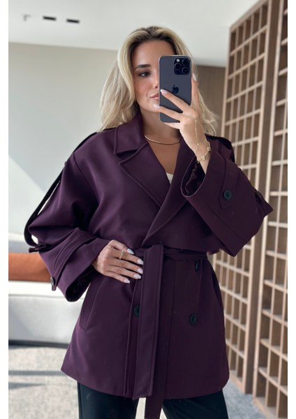 Mürdüm Oversize Düşük Omuz Kısa Trenç - 9580 modelleri