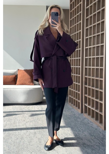 Mürdüm Oversize Düşük Omuz Kısa Trenç - 9580 indirimleri