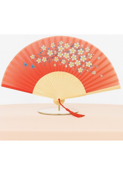 Klasik Japon Tarzı Yelpaze El Yapımı Geleneksel Katlanabilir Şık Dekoratif Bambudan Yapılmış Çiçek Desenli El Yelpazesi (Turuncu Bahar, 21X38 Cm)