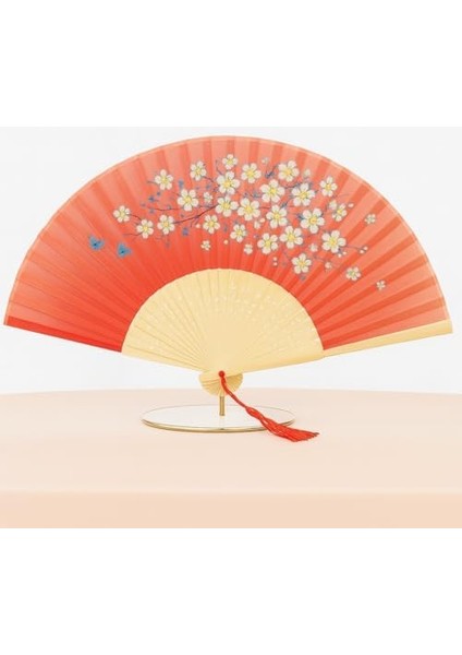 Klasik Japon Tarzı Yelpaze El Yapımı Geleneksel Katlanabilir Şık Dekoratif Bambudan Yapılmış Çiçek Desenli El Yelpazesi (Turuncu Bahar, 21X38 Cm) modelleri