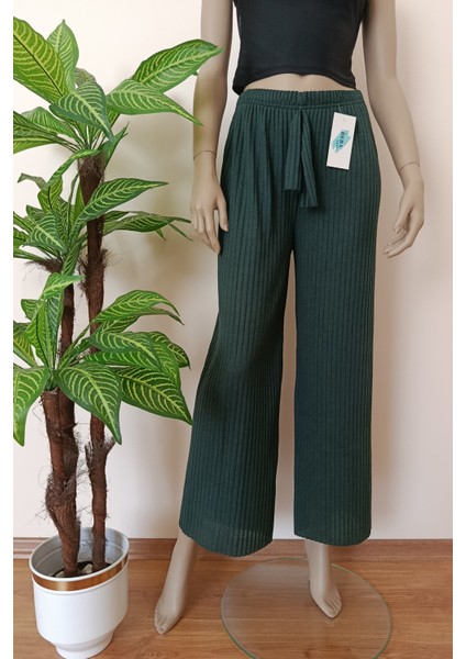 Kadın Yeşil Renk Çizgili Fitilli Pamuklu Penye Pantolon