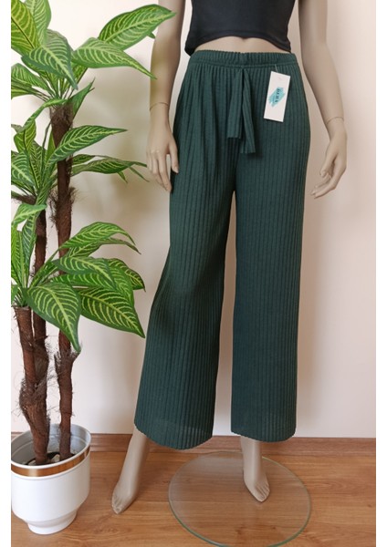 Kadın Yeşil Renk Çizgili Fitilli Pamuklu Penye Pantolon modelleri